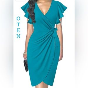 NWT OTEN Women’s V-Neck Ruffle Sleeves Cocktail / Work Faux Wrap Dress Size:2XL
